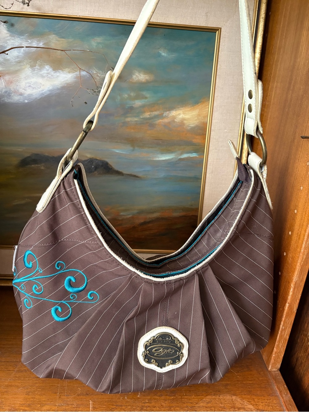 Y2K VTG OGIO Brown Pinstripe Hobo Shoulder Bag Teal Embroidered Swirl